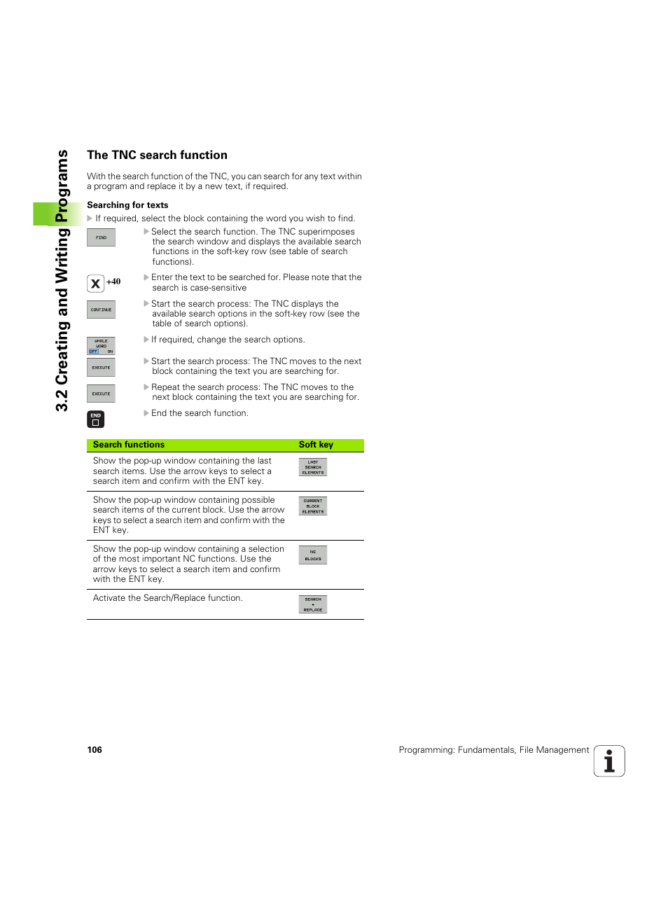 The tnc search function, 2 cr eating and w riting pr ogr a ms | HEIDENHAIN iTNC 530 (606 42x-02) ISO programming User Manual | Page 106 / 648