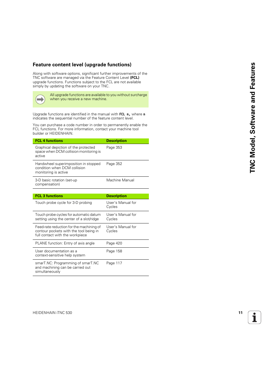 Feature content level (upgrade functions), Tnc model, sof tw a re and f eat ur es | HEIDENHAIN iTNC 530 (606 42x-02) ISO programming User Manual | Page 11 / 648