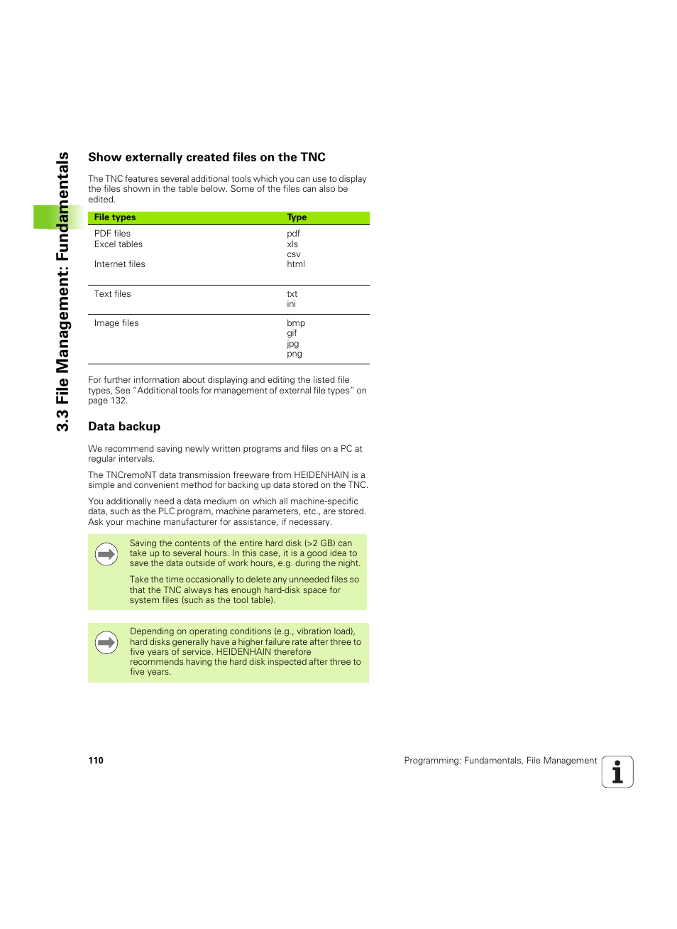 Show externally created files on the tnc, Data backup, 3 file manag e ment: f undamentals | HEIDENHAIN iTNC 530 (606 42x-02) ISO programming User Manual | Page 110 / 648