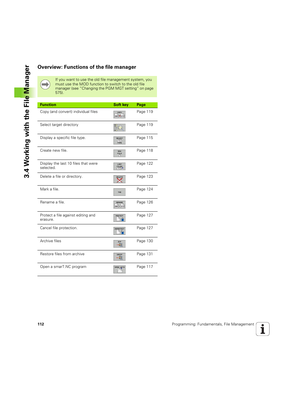 Overview: functions of the file manager, 4 w o rk ing with the file manag e r | HEIDENHAIN iTNC 530 (606 42x-02) ISO programming User Manual | Page 112 / 648