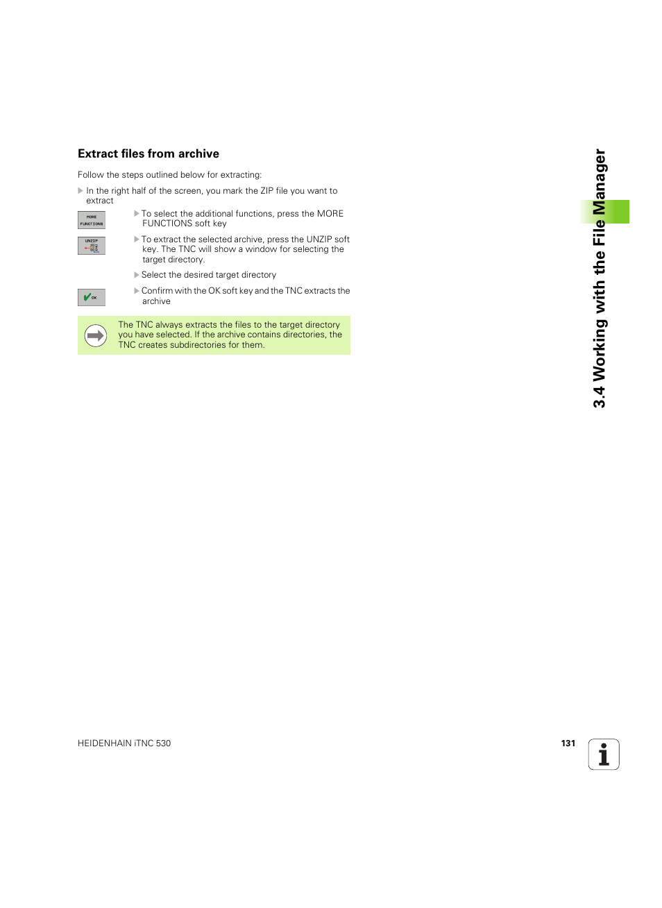 Extract files from archive, 4 w o rk ing with the file manag e r | HEIDENHAIN iTNC 530 (606 42x-02) ISO programming User Manual | Page 131 / 648