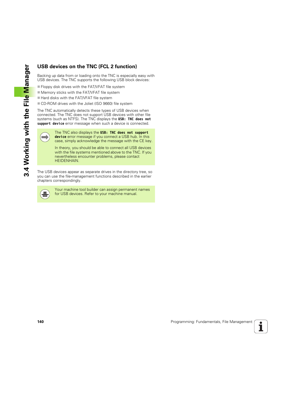 Usb devices on the tnc (fcl 2 function), 4 w o rk ing with the file manag e r | HEIDENHAIN iTNC 530 (606 42x-02) ISO programming User Manual | Page 140 / 648