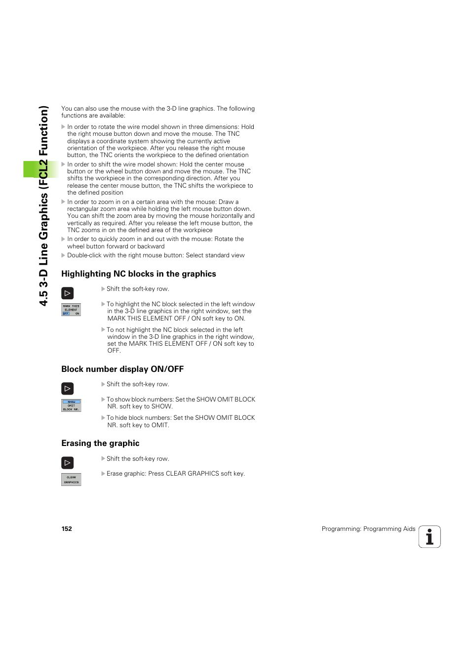 Highlighting nc blocks in the graphics, Block number display on/off, Erasing the graphic | 5 3-d line gr aphics (fcl2 f u nction) | HEIDENHAIN iTNC 530 (606 42x-02) ISO programming User Manual | Page 152 / 648