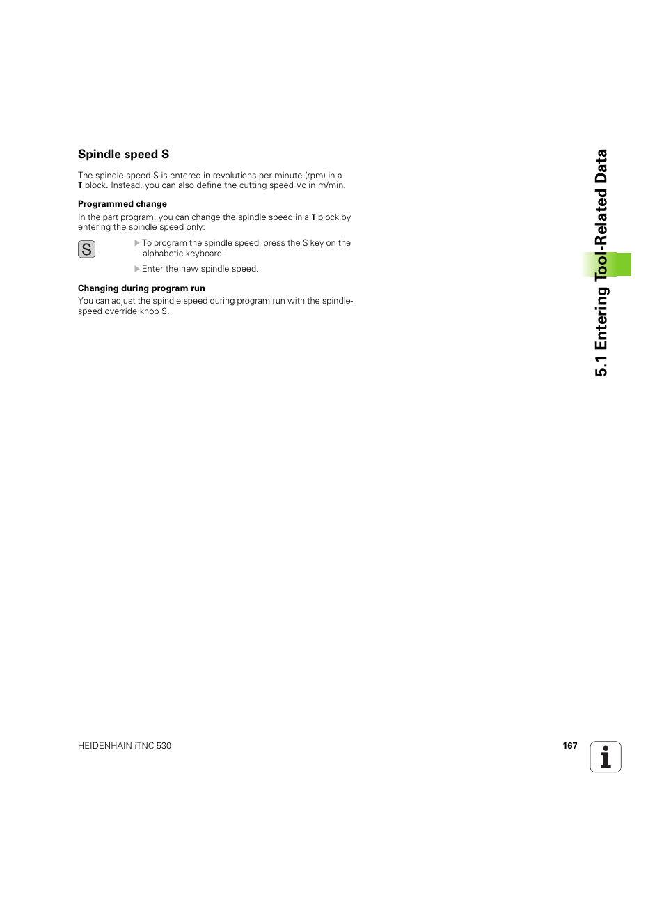 Spindle speed s, 1 ent e ri ng t o ol-relat ed d a ta | HEIDENHAIN iTNC 530 (606 42x-02) ISO programming User Manual | Page 167 / 648