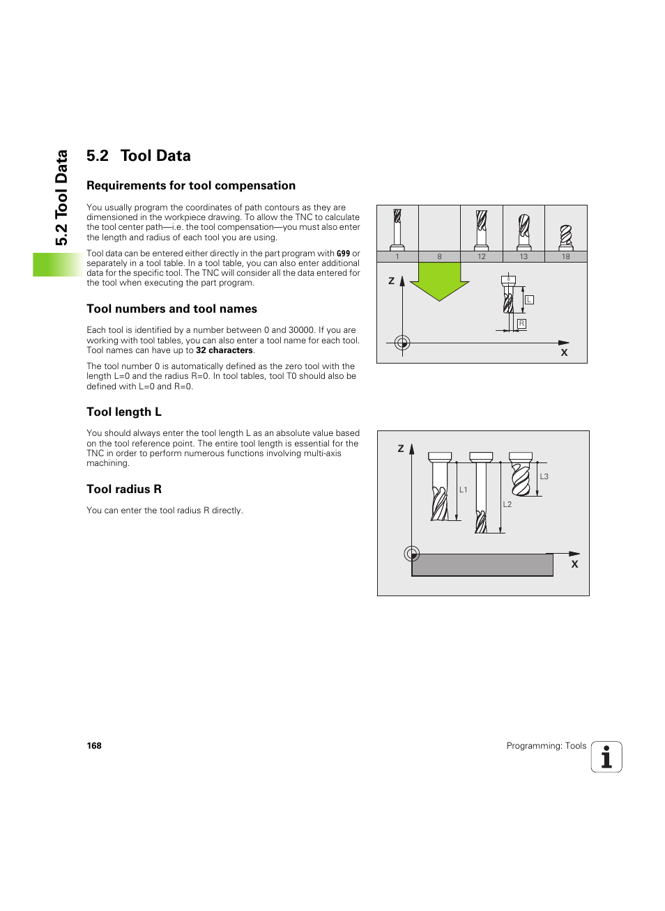 2 tool data, Requirements for tool compensation, Tool numbers and tool names | Tool length l, Tool radius r, 2 t ool d a ta 5.2 tool data | HEIDENHAIN iTNC 530 (606 42x-02) ISO programming User Manual | Page 168 / 648