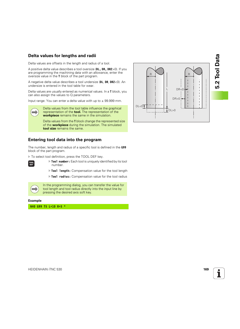 Delta values for lengths and radii, Entering tool data into the program, 2 t ool d a ta | HEIDENHAIN iTNC 530 (606 42x-02) ISO programming User Manual | Page 169 / 648