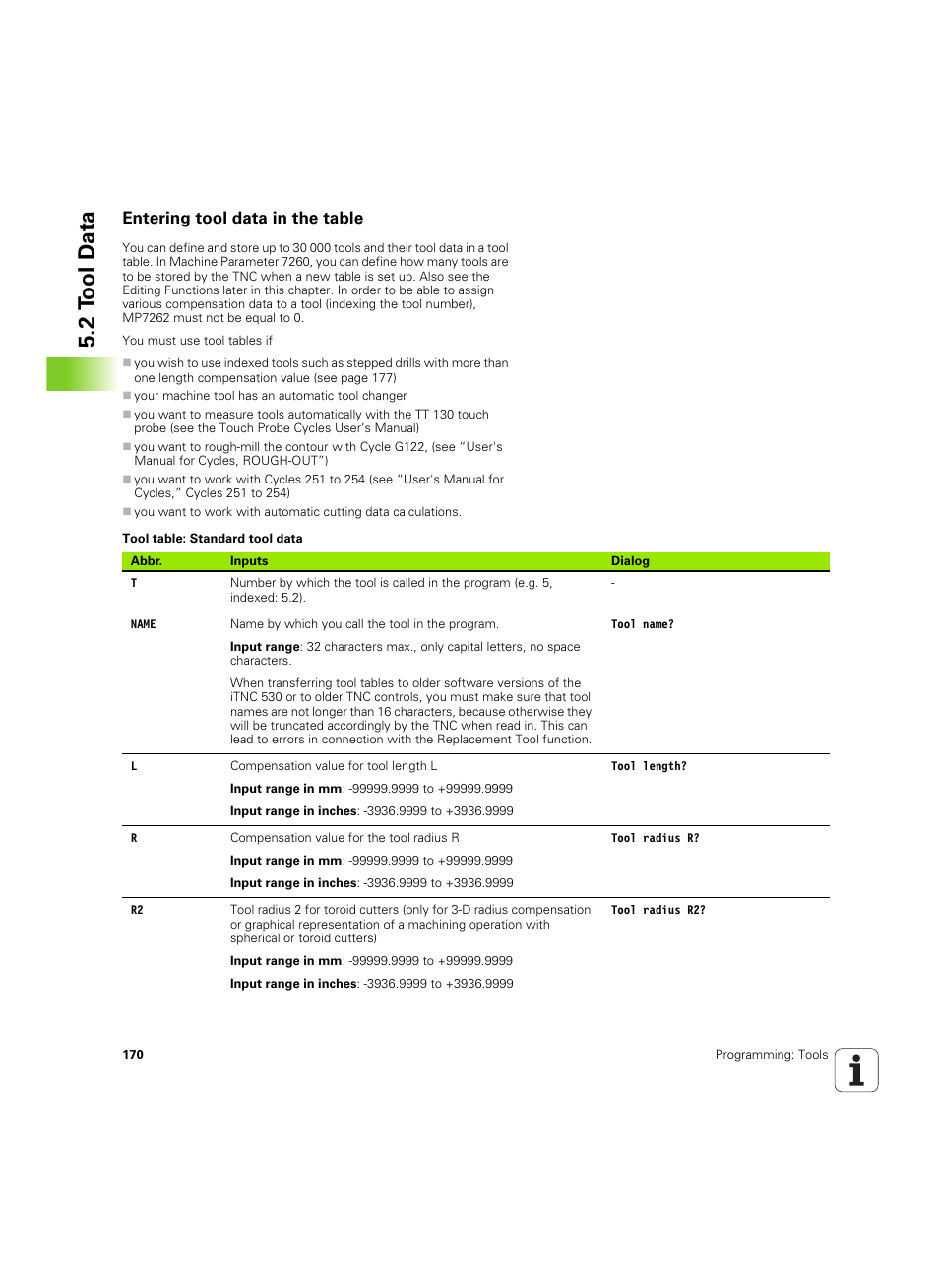 Entering tool data in the table, 2 t ool d a ta | HEIDENHAIN iTNC 530 (606 42x-02) ISO programming User Manual | Page 170 / 648