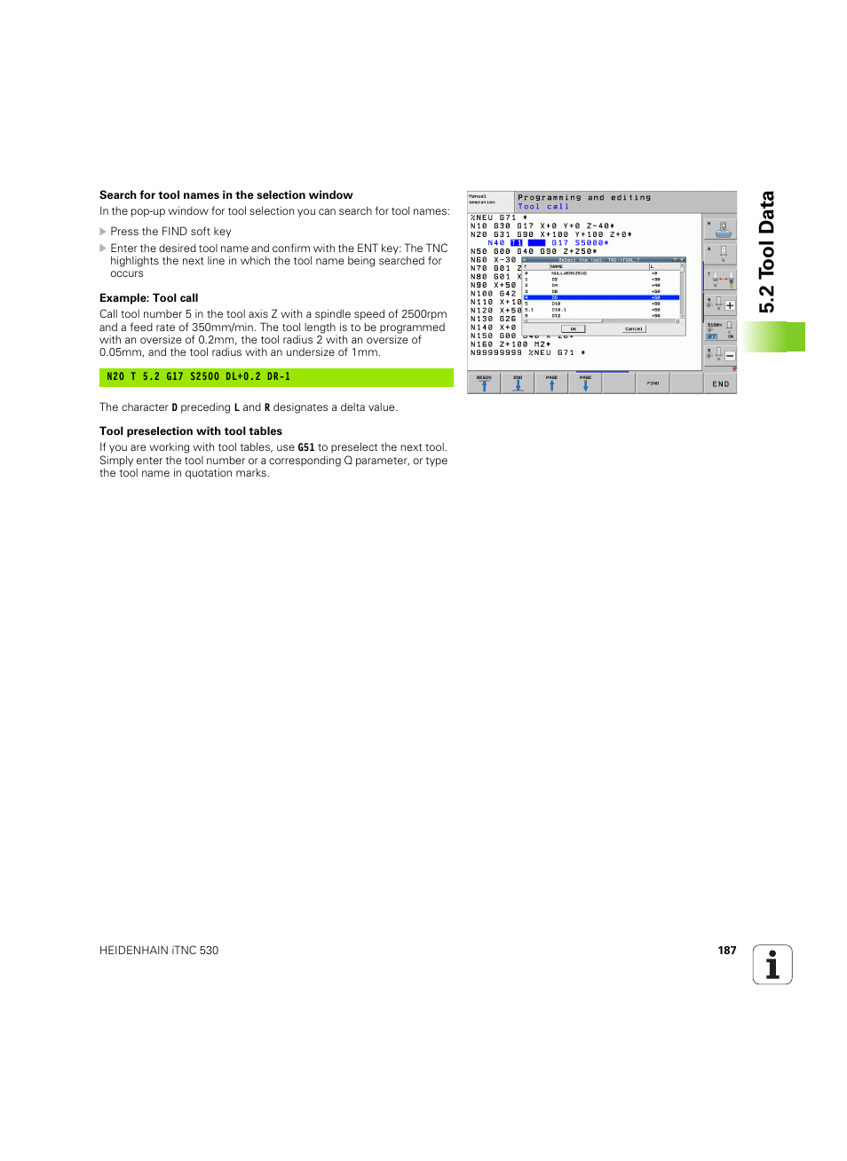 2 t ool d a ta | HEIDENHAIN iTNC 530 (606 42x-02) ISO programming User Manual | Page 187 / 648