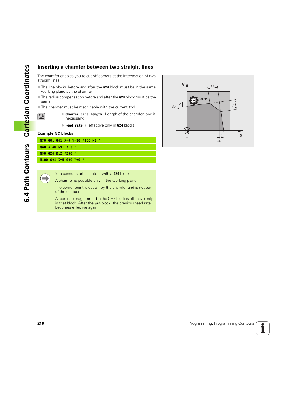 Inserting a chamfer between two straight lines, 4 p a th cont ours—car te sian coor dinat e s | HEIDENHAIN iTNC 530 (606 42x-02) ISO programming User Manual | Page 218 / 648