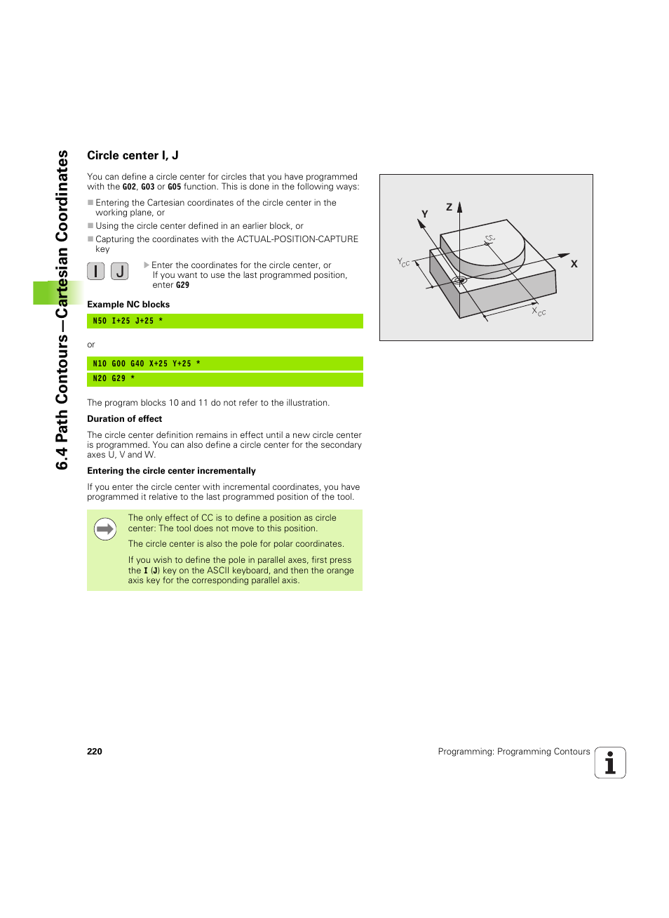 Circle center i, j, 4 p a th cont ours—car te sian coor dinat e s | HEIDENHAIN iTNC 530 (606 42x-02) ISO programming User Manual | Page 220 / 648