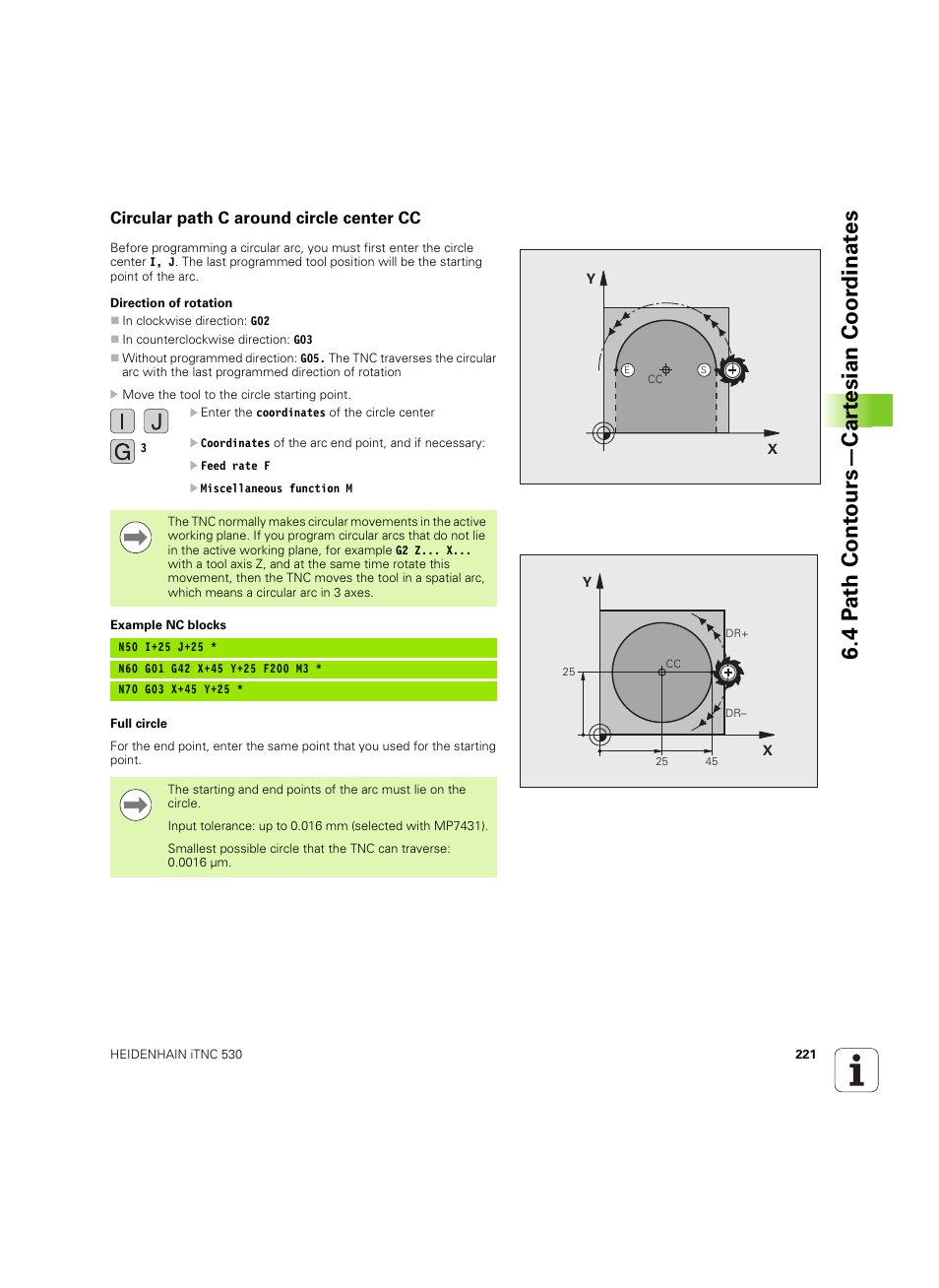 Circular path c around circle center cc, 4 p a th cont ours—car te sian coor dinat e s | HEIDENHAIN iTNC 530 (606 42x-02) ISO programming User Manual | Page 221 / 648