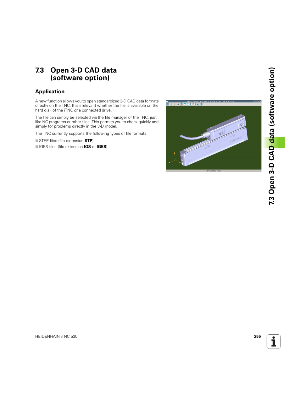 3 open 3-d cad data (software option), Application | HEIDENHAIN iTNC 530 (606 42x-02) ISO programming User Manual | Page 255 / 648