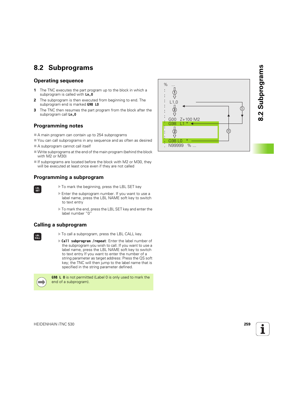 2 subprograms, Operating sequence, Programming notes | Programming a subprogram, Calling a subprogram, 2 subpr ogr a ms 8.2 subprograms | HEIDENHAIN iTNC 530 (606 42x-02) ISO programming User Manual | Page 259 / 648