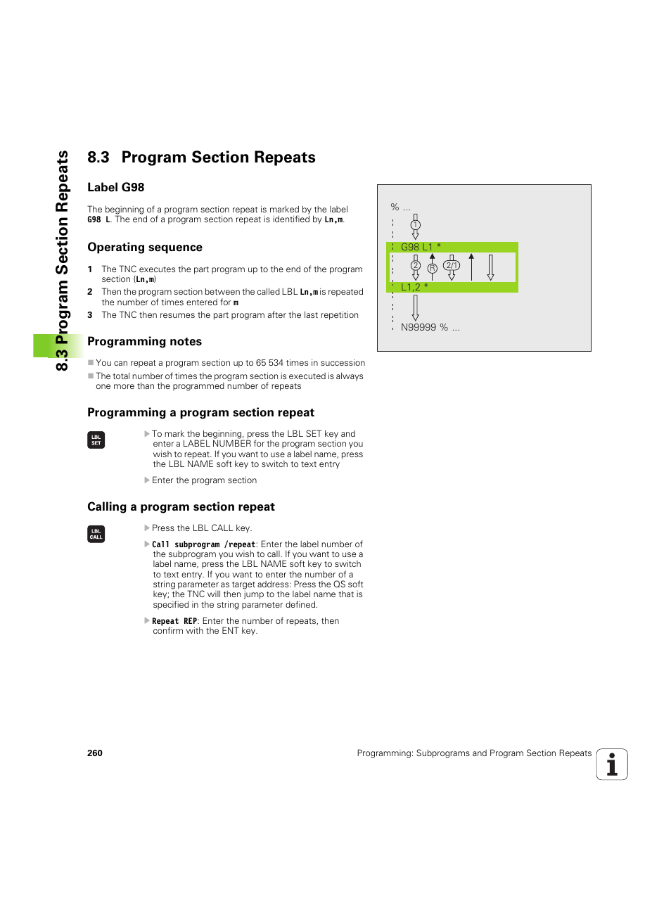 3 program section repeats, Label g98, Operating sequence | Programming notes, Programming a program section repeat, Calling a program section repeat | HEIDENHAIN iTNC 530 (606 42x-02) ISO programming User Manual | Page 260 / 648