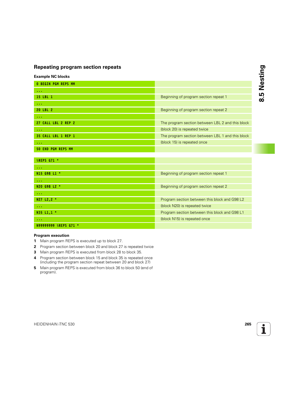 Repeating program section repeats, 5 nesting | HEIDENHAIN iTNC 530 (606 42x-02) ISO programming User Manual | Page 265 / 648