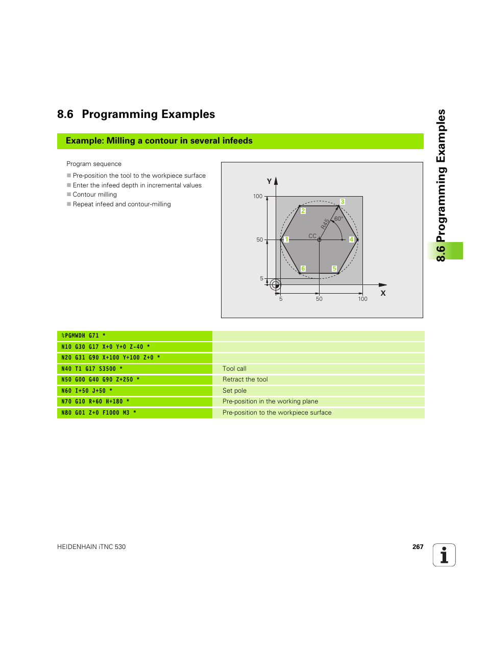 6 programming examples, 6 pr ogr amming examples 8.6 programming examples, Example: milling a contour in several infeeds | HEIDENHAIN iTNC 530 (606 42x-02) ISO programming User Manual | Page 267 / 648