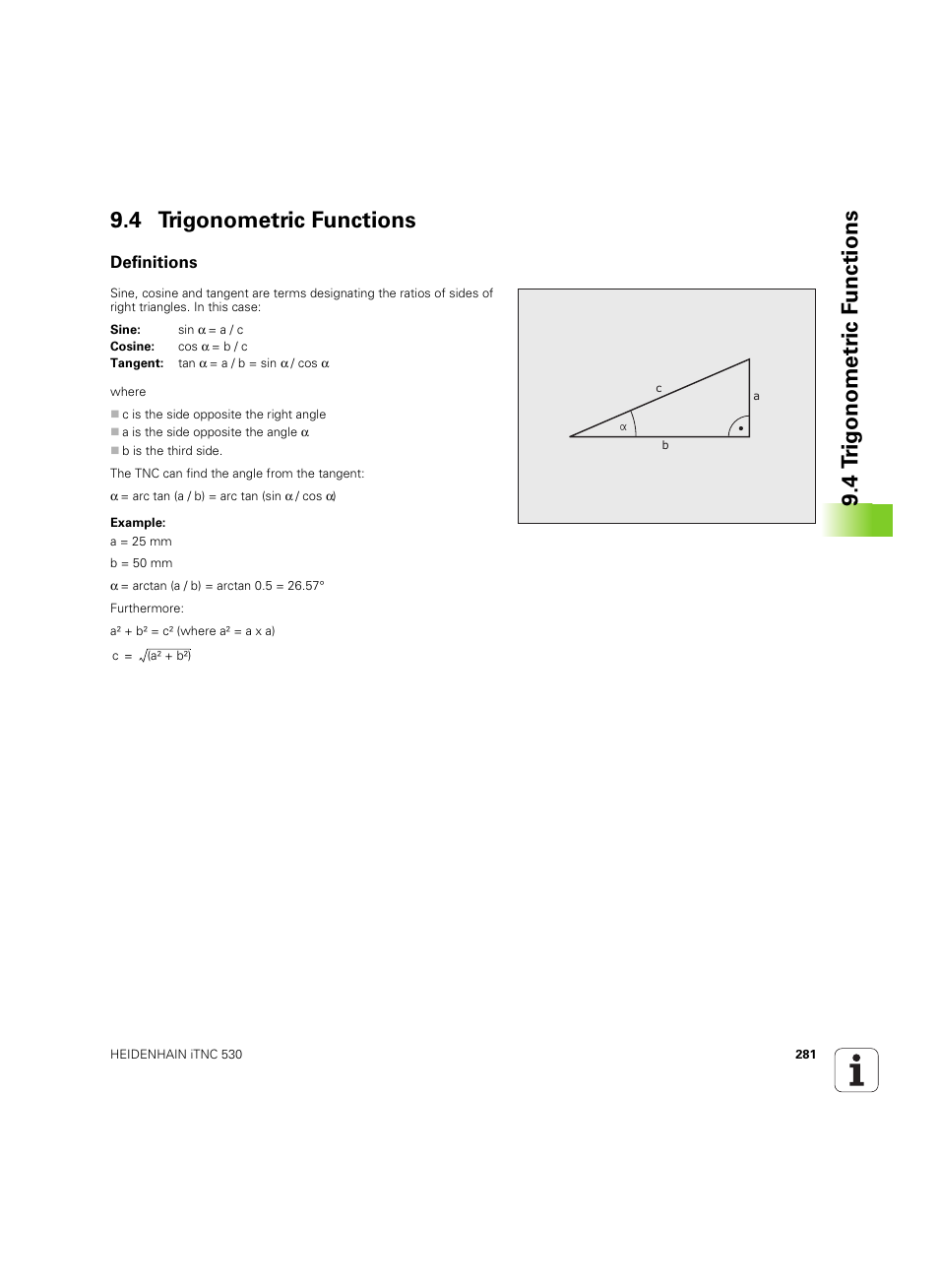 4 trigonometric functions, Definitions | HEIDENHAIN iTNC 530 (606 42x-02) ISO programming User Manual | Page 281 / 648