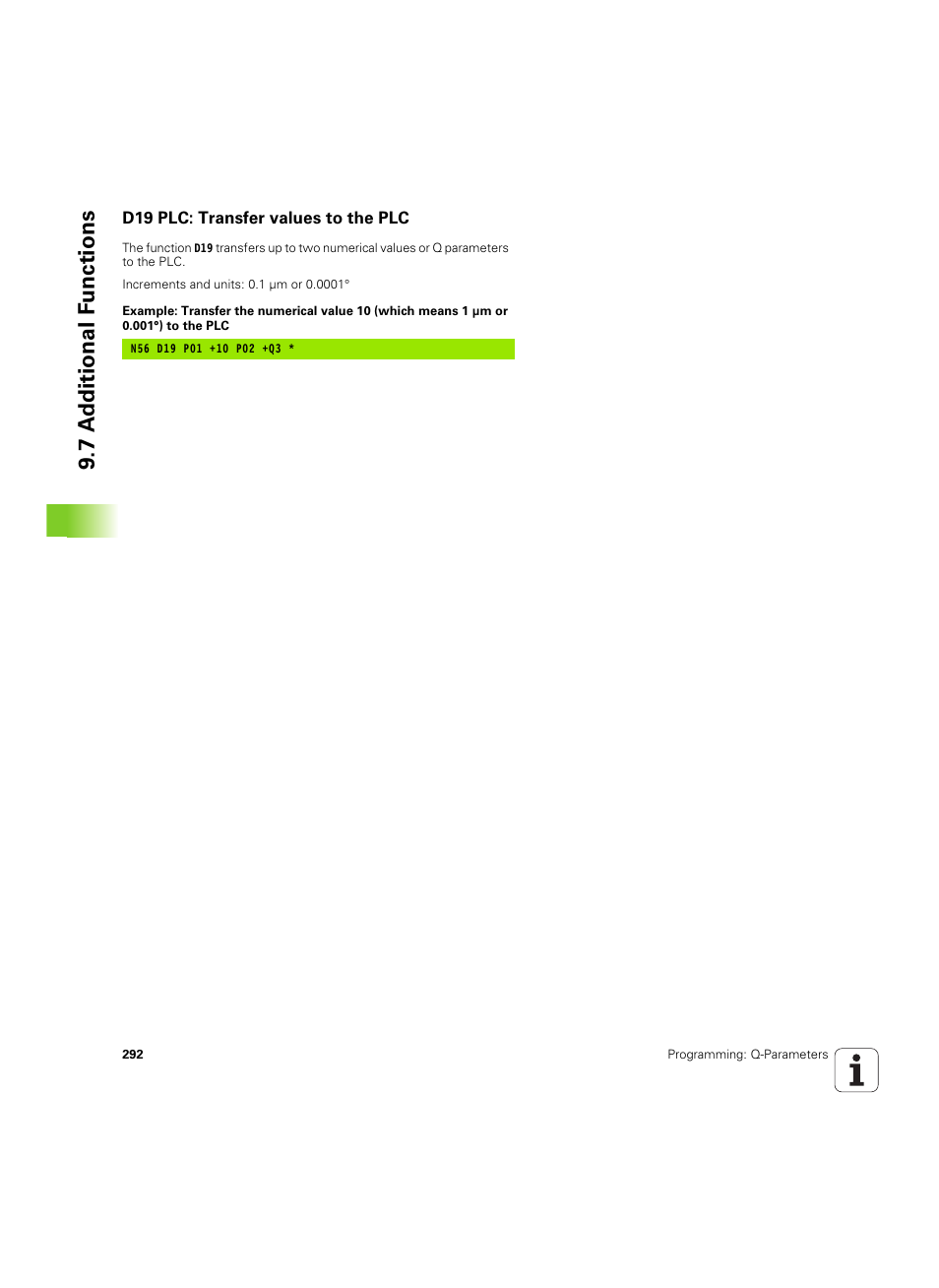 D19 plc: transfer values to the plc, 7 a d ditional f unctions | HEIDENHAIN iTNC 530 (606 42x-02) ISO programming User Manual | Page 292 / 648