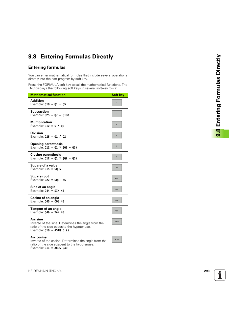 8 entering formulas directly, Entering formulas | HEIDENHAIN iTNC 530 (606 42x-02) ISO programming User Manual | Page 293 / 648