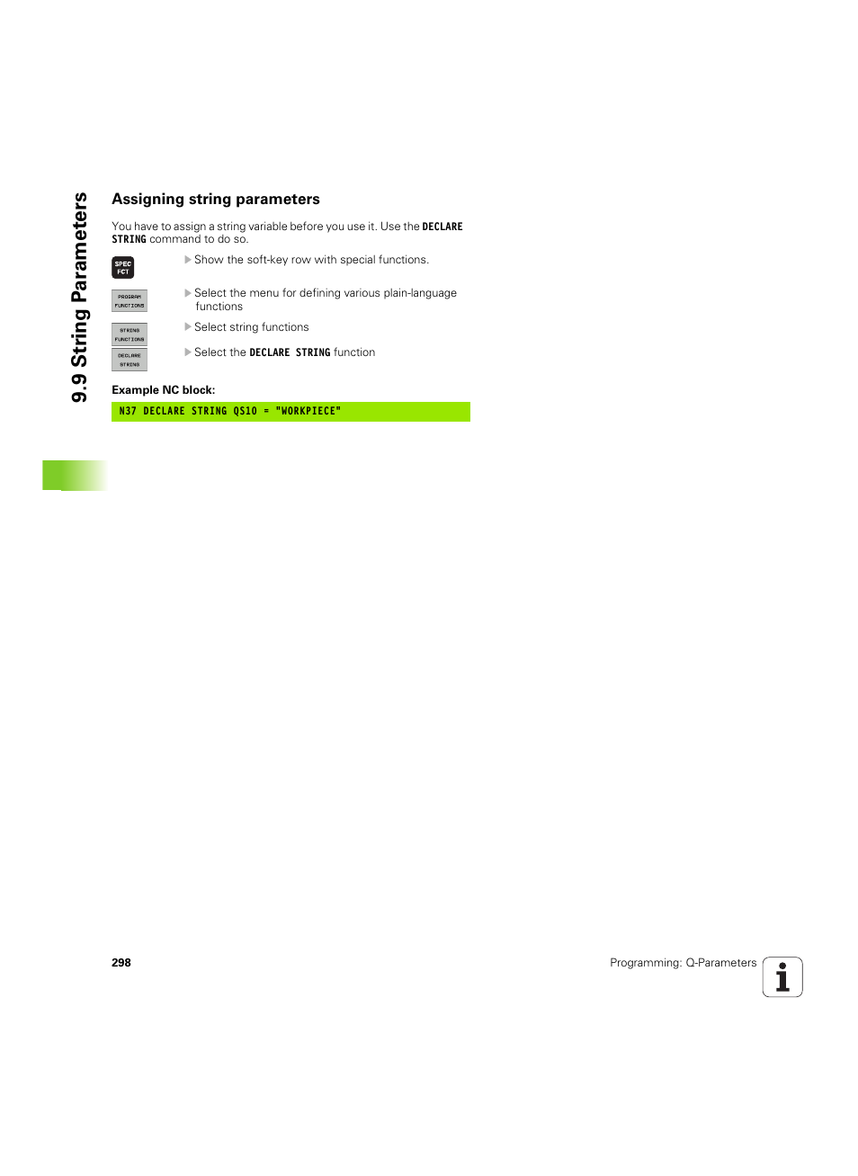 Assigning string parameters, 9 str ing p a ra met e rs | HEIDENHAIN iTNC 530 (606 42x-02) ISO programming User Manual | Page 298 / 648