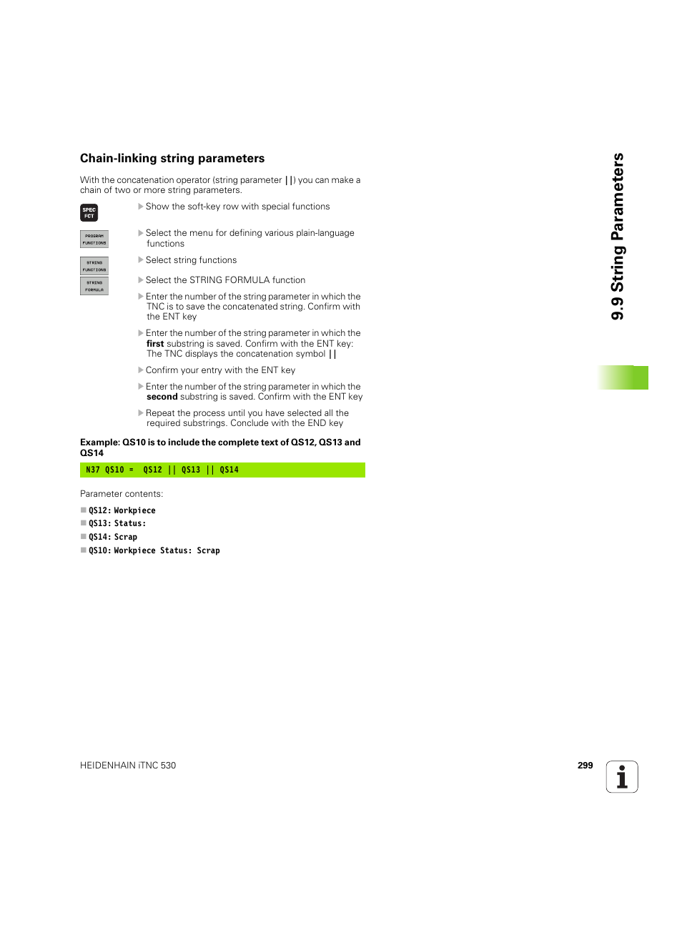 Chain-linking string parameters, 9 str ing p a ra met e rs | HEIDENHAIN iTNC 530 (606 42x-02) ISO programming User Manual | Page 299 / 648