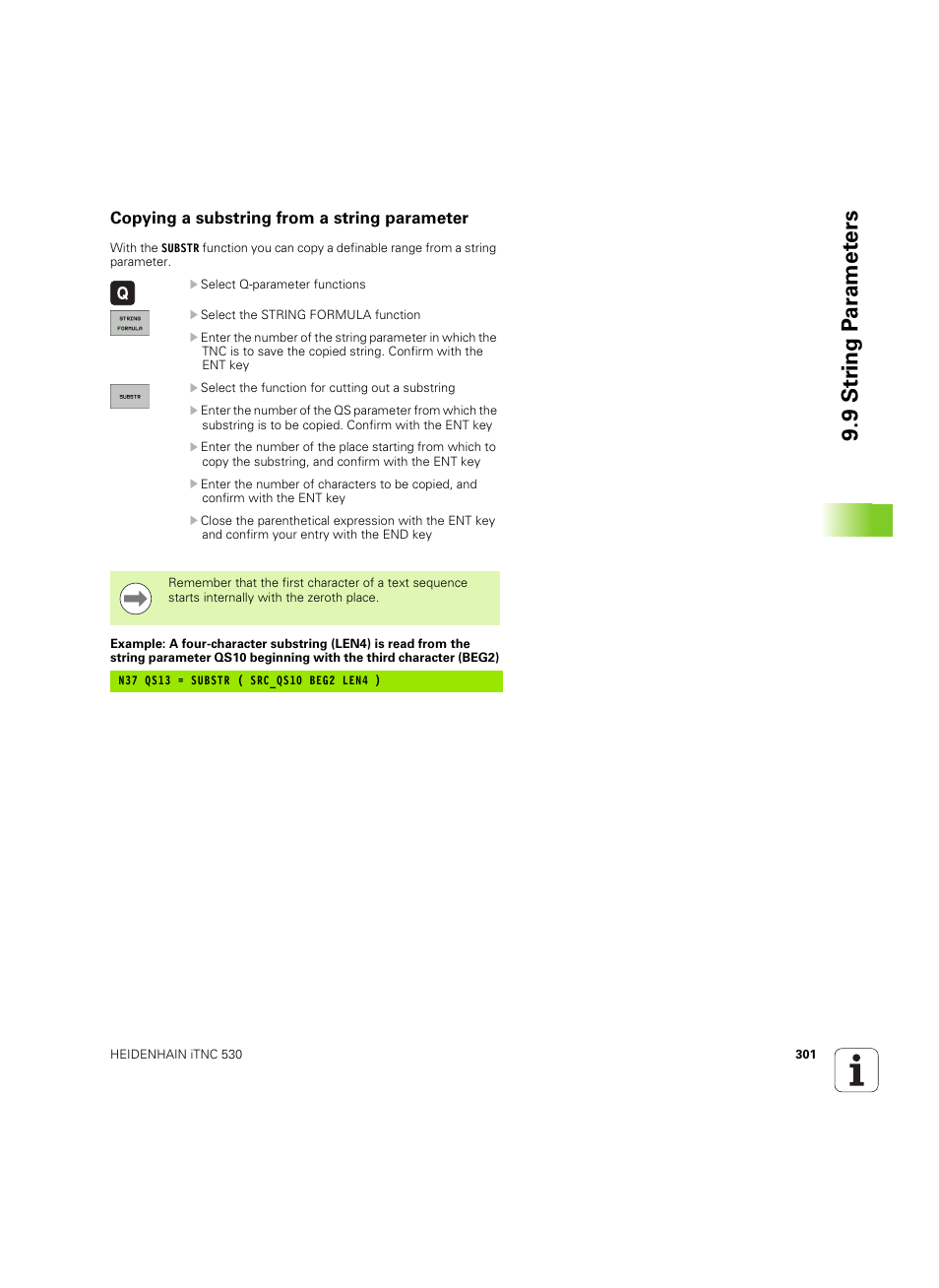 Copying a substring from a string parameter, 9 str ing p a ra met e rs | HEIDENHAIN iTNC 530 (606 42x-02) ISO programming User Manual | Page 301 / 648