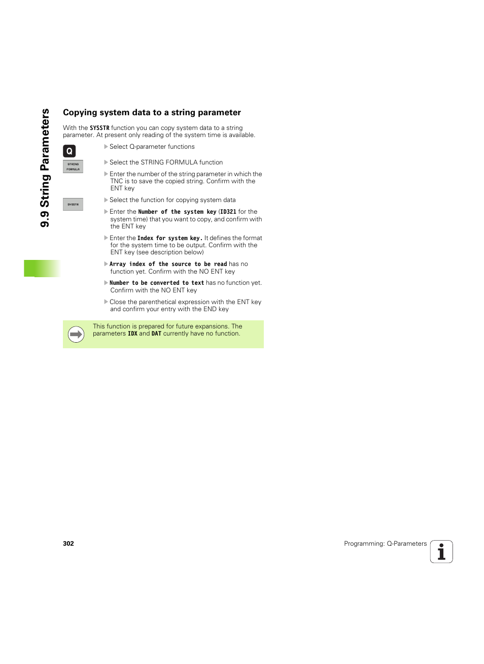 Copying system data to a string parameter, 9 str ing p a ra met e rs | HEIDENHAIN iTNC 530 (606 42x-02) ISO programming User Manual | Page 302 / 648