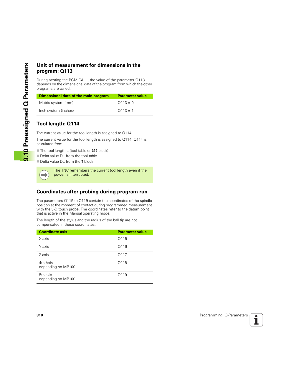 Tool length: q114, Coordinates after probing during program run | HEIDENHAIN iTNC 530 (606 42x-02) ISO programming User Manual | Page 310 / 648