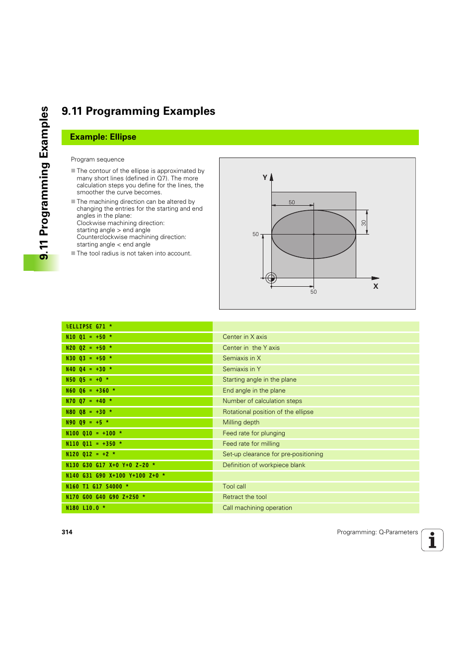 11 programming examples, Example: ellipse | HEIDENHAIN iTNC 530 (606 42x-02) ISO programming User Manual | Page 314 / 648