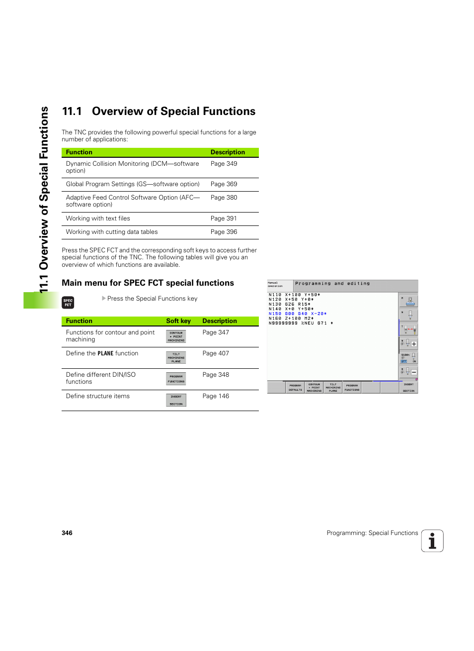 1 overview of special functions, Main menu for spec fct special functions | HEIDENHAIN iTNC 530 (606 42x-02) ISO programming User Manual | Page 346 / 648