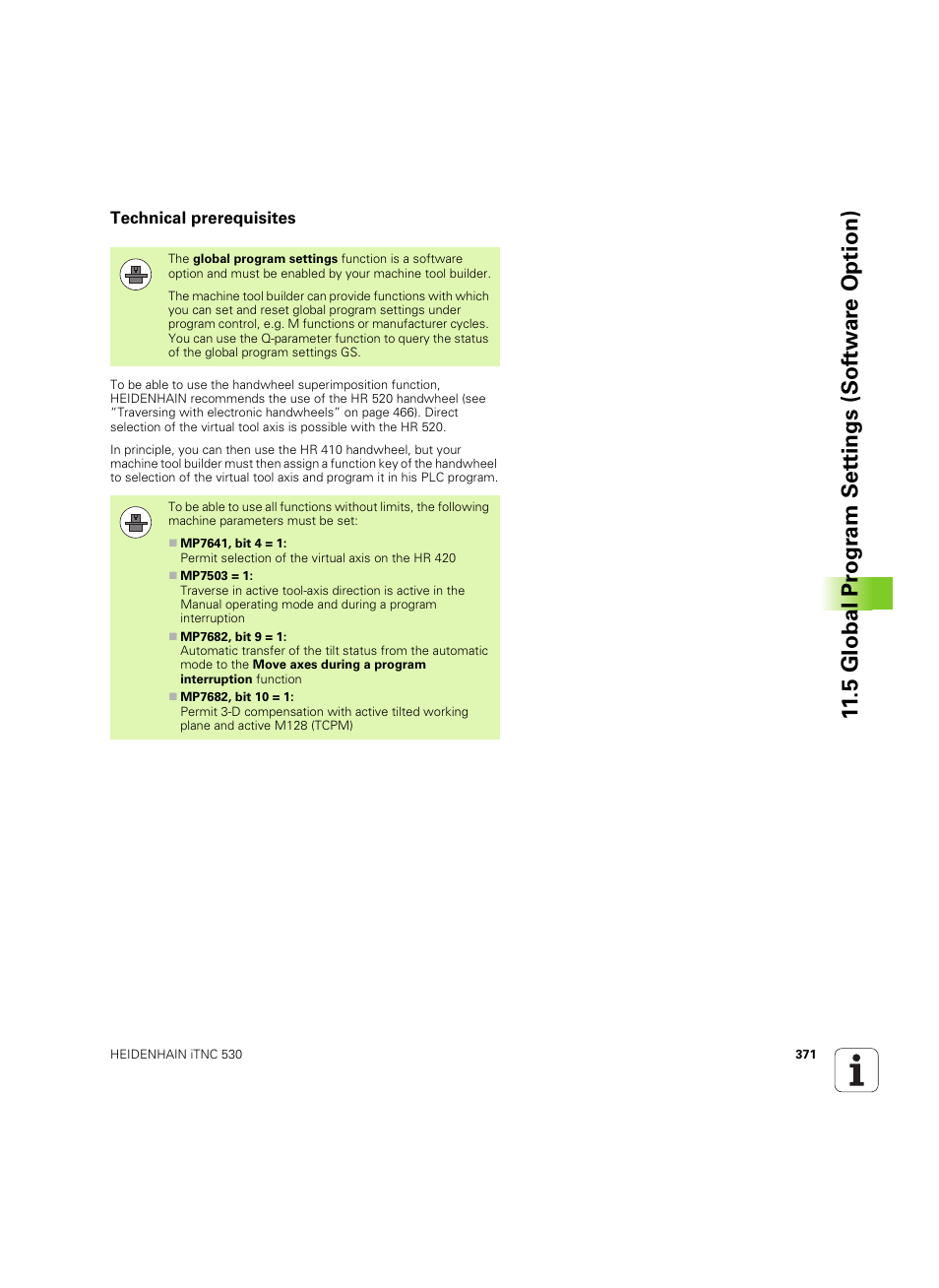 Technical prerequisites, 5 global pr ogr a m set tings (sof tw ar e option) | HEIDENHAIN iTNC 530 (606 42x-02) ISO programming User Manual | Page 371 / 648