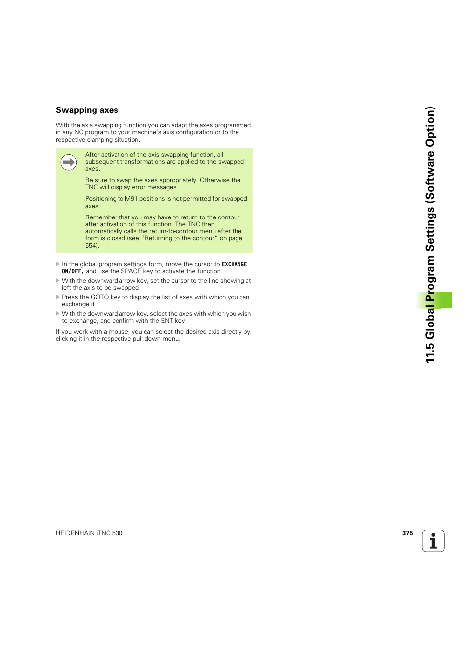 Swapping axes, 5 global pr ogr a m set tings (sof tw ar e option) | HEIDENHAIN iTNC 530 (606 42x-02) ISO programming User Manual | Page 375 / 648