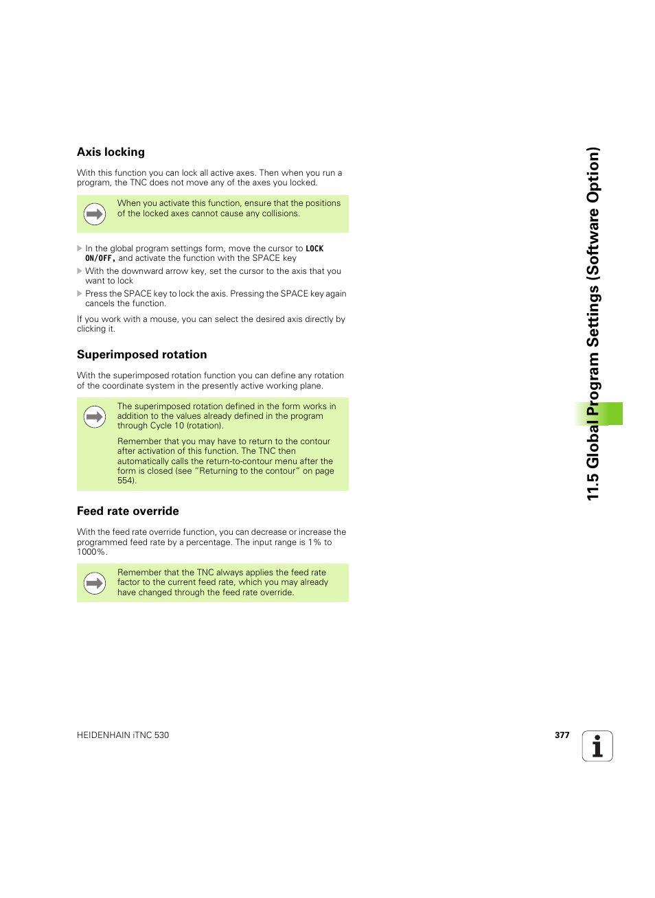 Axis locking, Superimposed rotation, Feed rate override | 5 global pr ogr a m set tings (sof tw ar e option) | HEIDENHAIN iTNC 530 (606 42x-02) ISO programming User Manual | Page 377 / 648