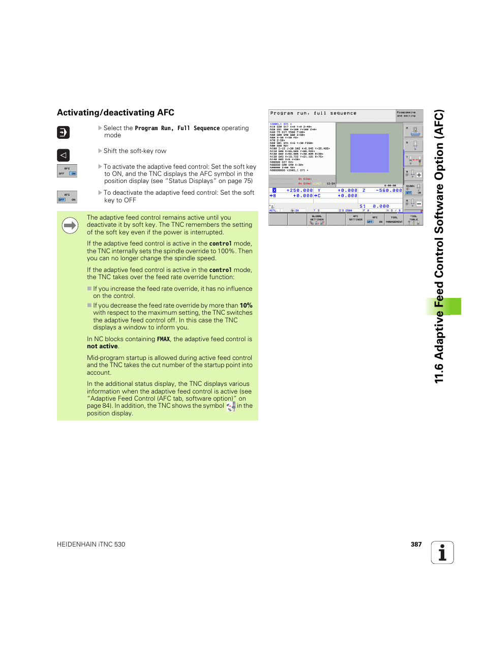 Activating/deactivating afc | HEIDENHAIN iTNC 530 (606 42x-02) ISO programming User Manual | Page 387 / 648