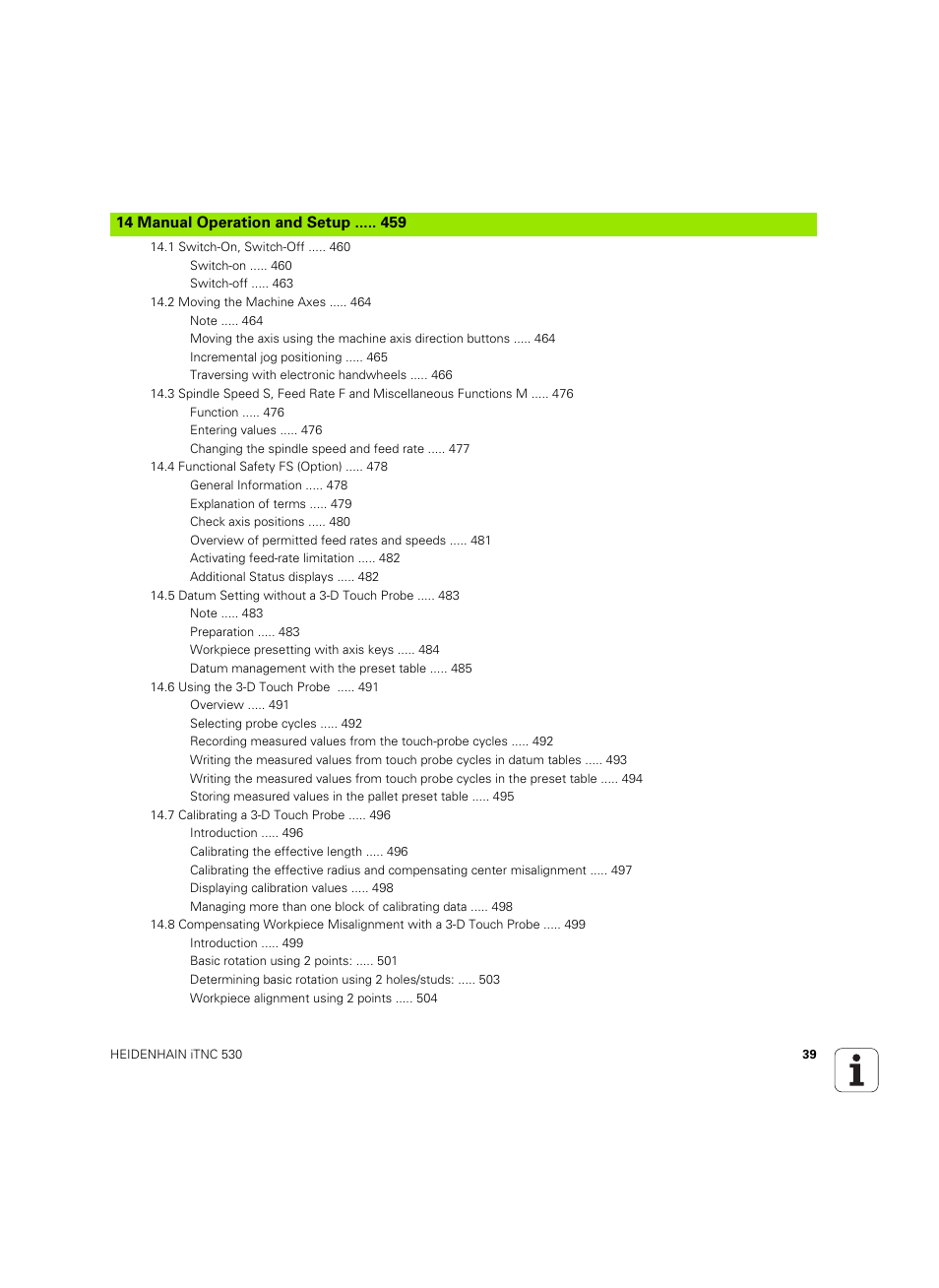 14 manual operation and setup | HEIDENHAIN iTNC 530 (606 42x-02) ISO programming User Manual | Page 39 / 648