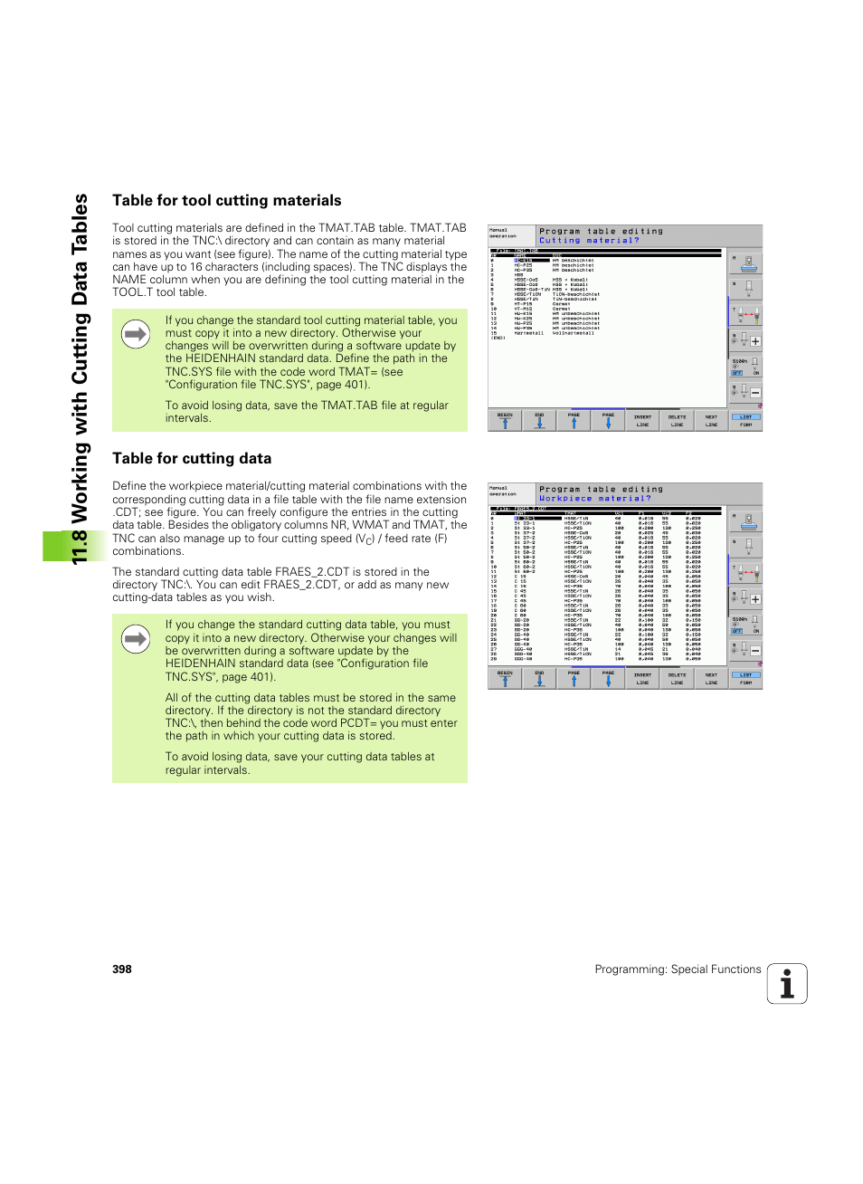 Table for tool cutting materials, Table for cutting data, 8 w o rk ing with cut ting d a ta t a bles | HEIDENHAIN iTNC 530 (606 42x-02) ISO programming User Manual | Page 398 / 648