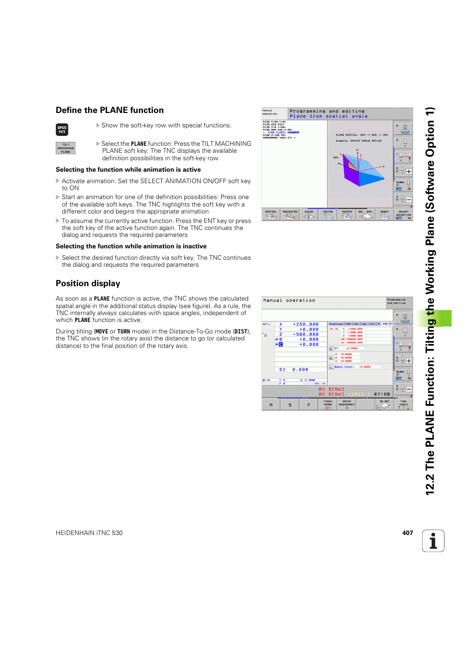 Define the plane function, Position display | HEIDENHAIN iTNC 530 (606 42x-02) ISO programming User Manual | Page 407 / 648