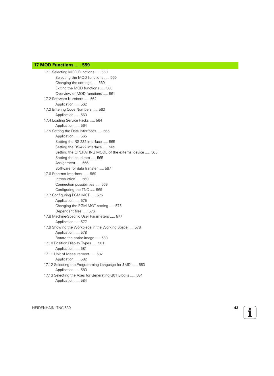 17 mod functions | HEIDENHAIN iTNC 530 (606 42x-02) ISO programming User Manual | Page 43 / 648