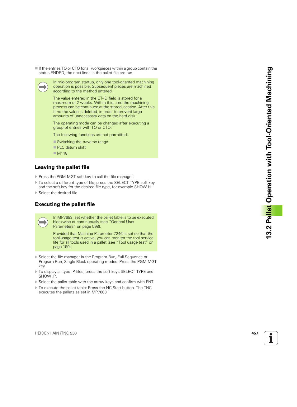 Leaving the pallet file, Executing the pallet file | HEIDENHAIN iTNC 530 (606 42x-02) ISO programming User Manual | Page 457 / 648