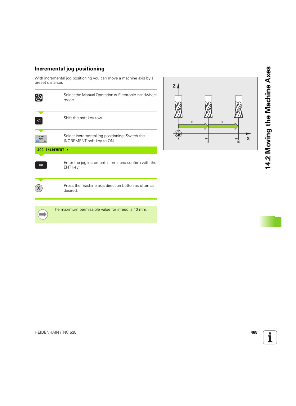 Incremental jog positioning, 2 mo ving the mac h ine ax es | HEIDENHAIN iTNC 530 (606 42x-02) ISO programming User Manual | Page 465 / 648