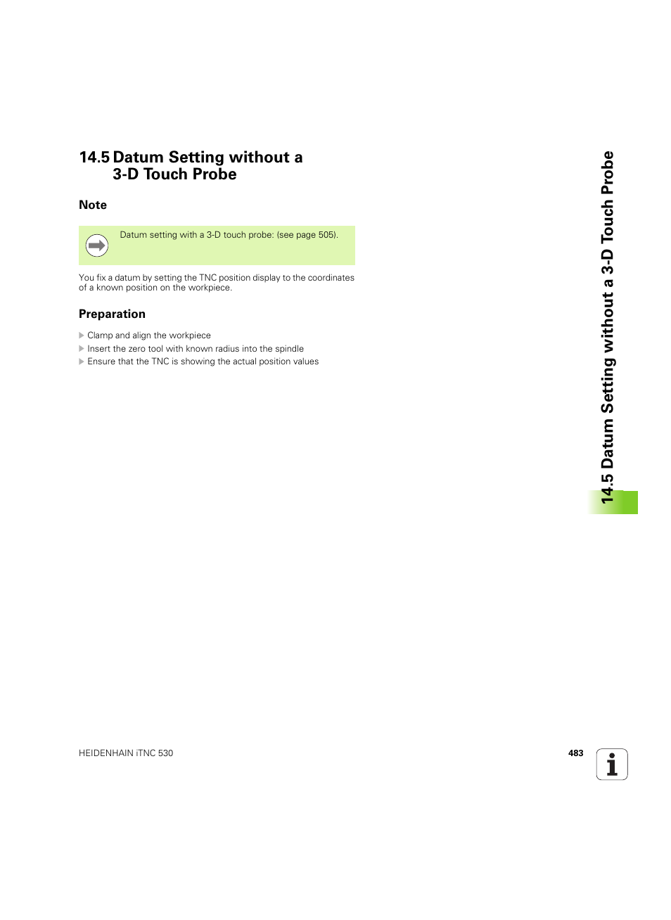 5 datum setting without a 3-d touch probe, Note, Preparation | HEIDENHAIN iTNC 530 (606 42x-02) ISO programming User Manual | Page 483 / 648