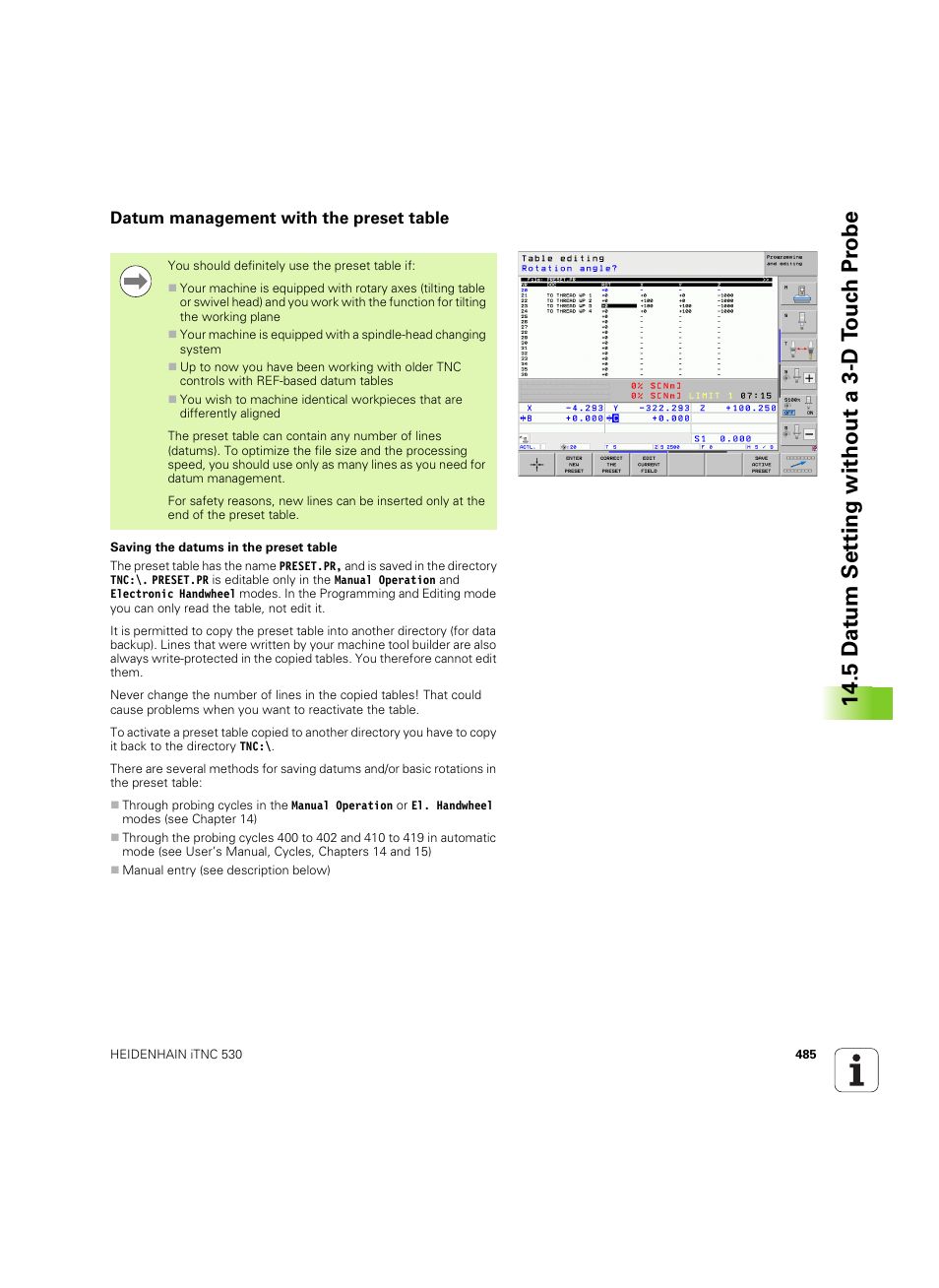 Datum management with the preset table, 5 d a tu m set ting without a 3-d t ouc h pr obe | HEIDENHAIN iTNC 530 (606 42x-02) ISO programming User Manual | Page 485 / 648