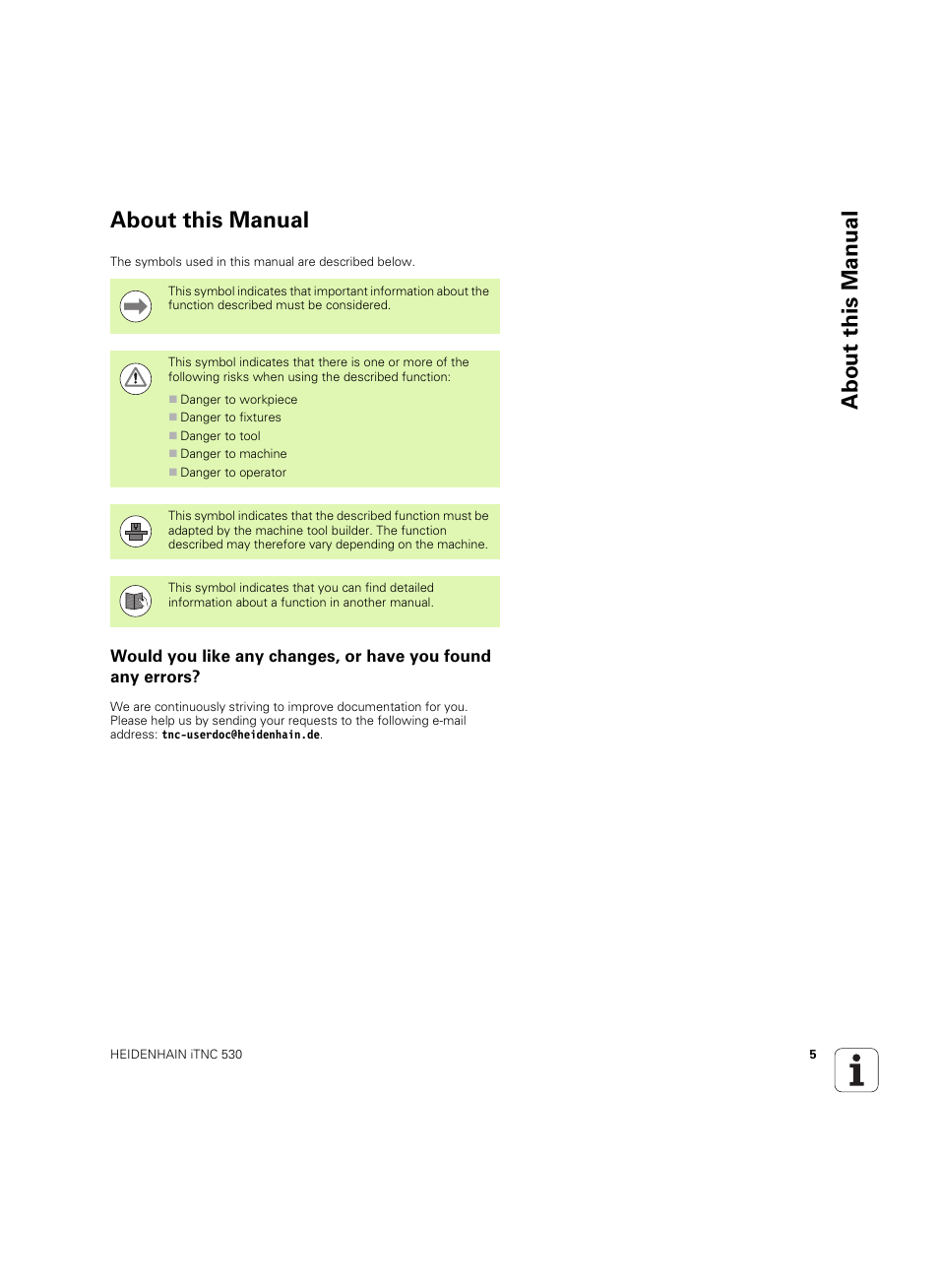 About this manual | HEIDENHAIN iTNC 530 (606 42x-02) ISO programming User Manual | Page 5 / 648