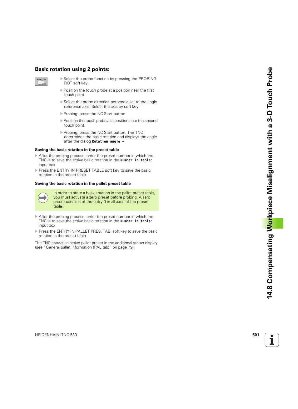 Basic rotation using 2 points | HEIDENHAIN iTNC 530 (606 42x-02) ISO programming User Manual | Page 501 / 648