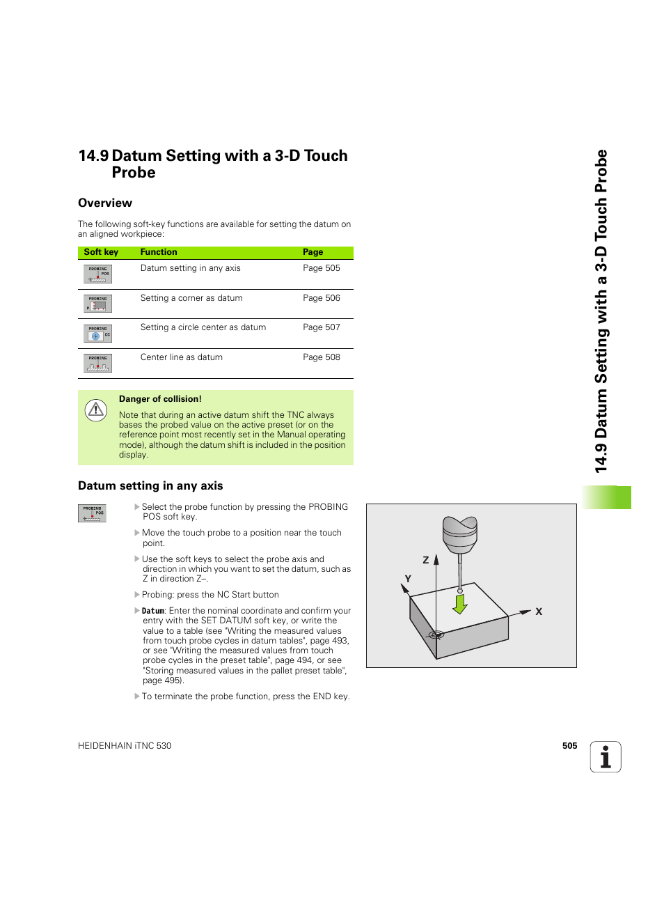 9 datum setting with a 3-d touch probe, Overview, Datum setting in any axis | HEIDENHAIN iTNC 530 (606 42x-02) ISO programming User Manual | Page 505 / 648