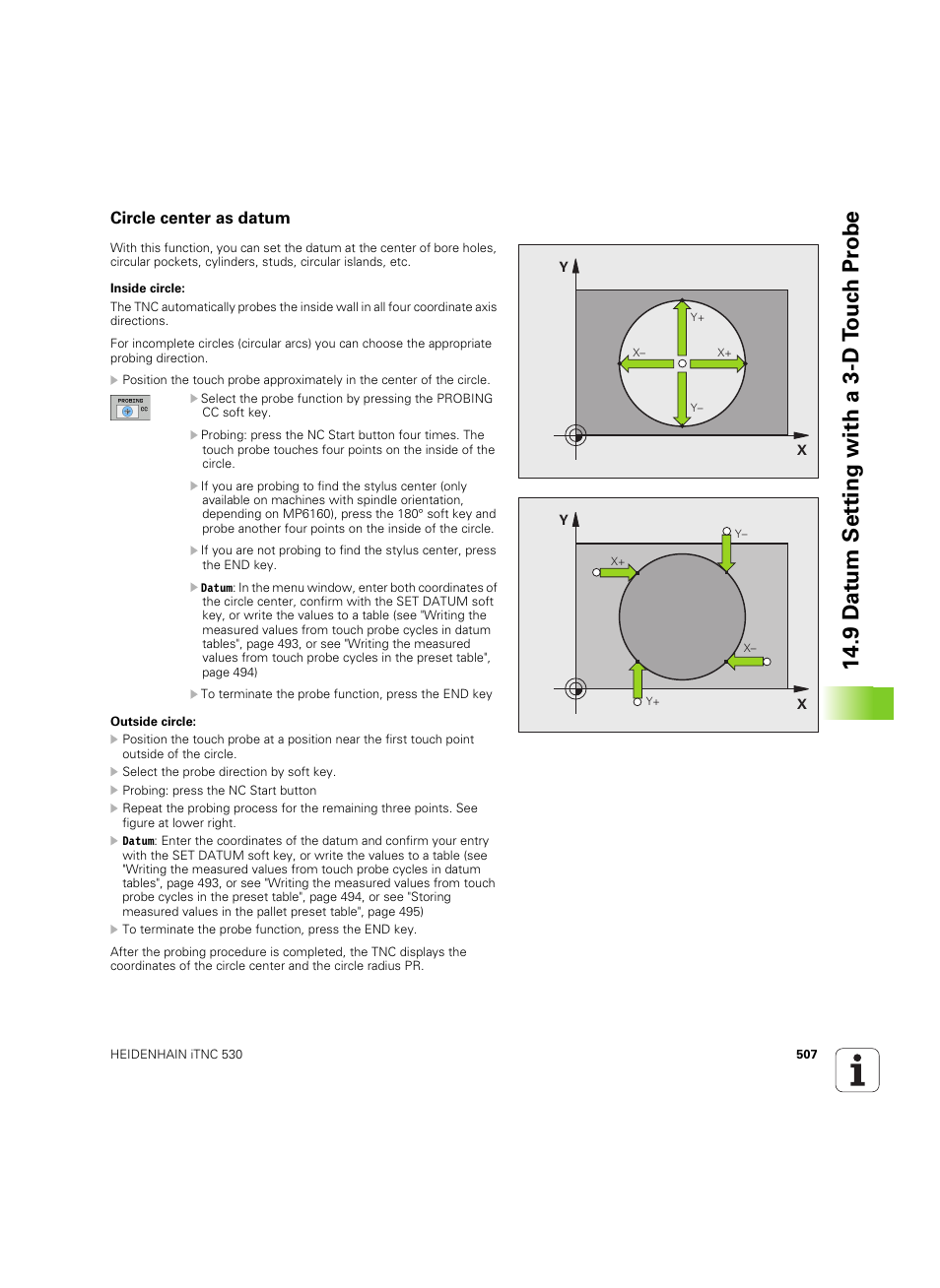 Circle center as datum, 9 d a tu m set ting with a 3-d t o uc h pr obe | HEIDENHAIN iTNC 530 (606 42x-02) ISO programming User Manual | Page 507 / 648