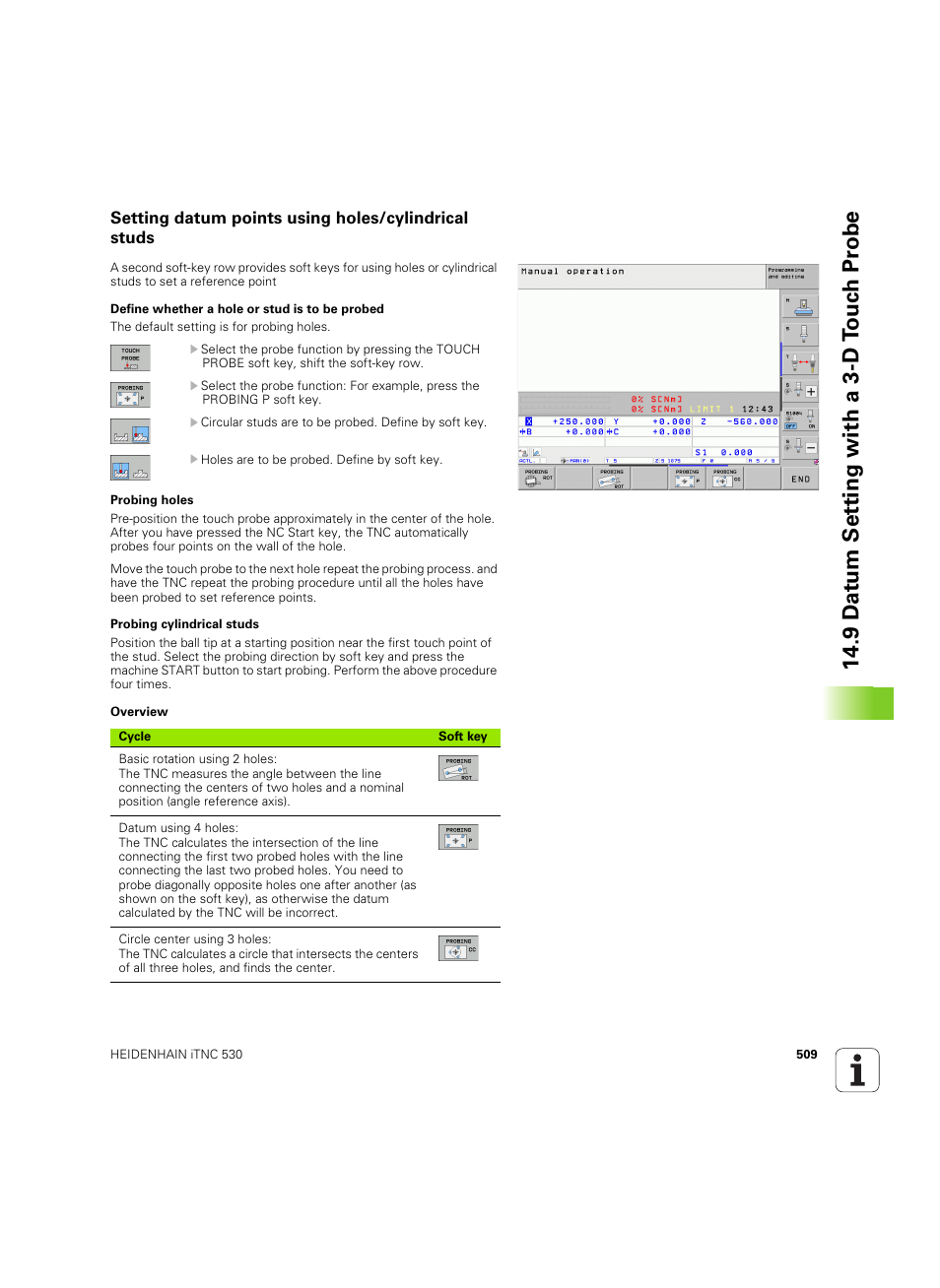 Setting datum points using holes/cylindrical studs, 9 d a tu m set ting with a 3-d t o uc h pr obe | HEIDENHAIN iTNC 530 (606 42x-02) ISO programming User Manual | Page 509 / 648