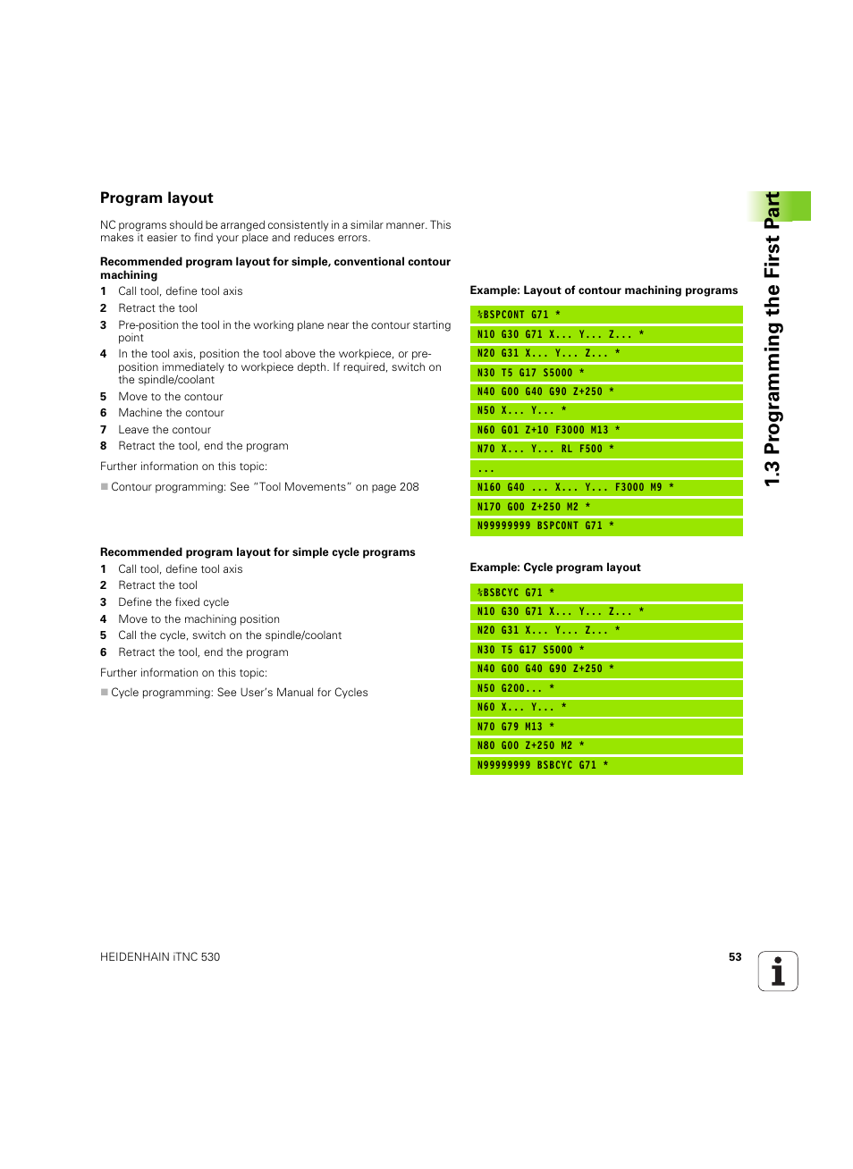 Program layout, 3 pr ogr amming the first p a rt | HEIDENHAIN iTNC 530 (606 42x-02) ISO programming User Manual | Page 53 / 648