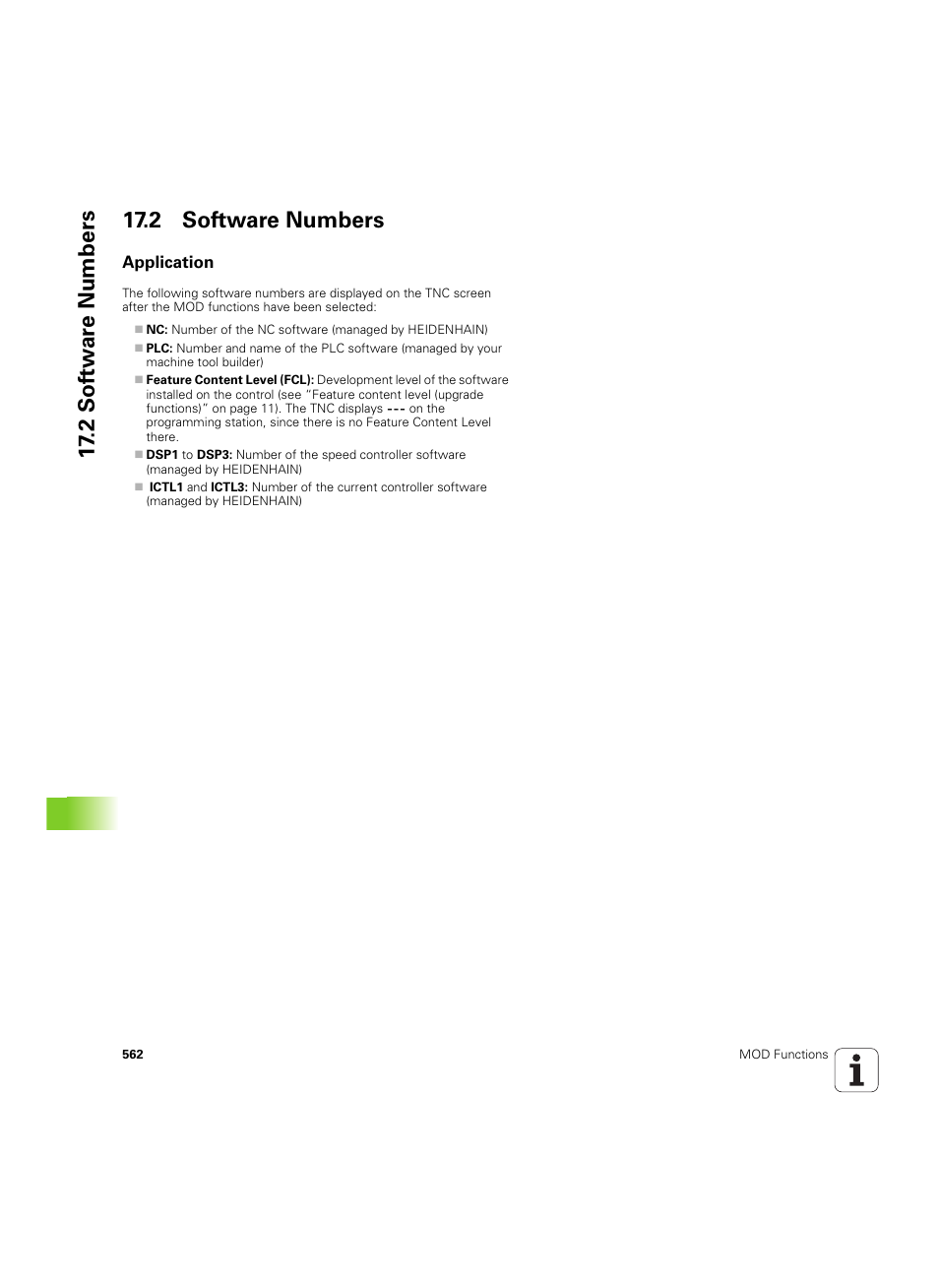 2 software numbers, Application, 2 sof tw a re numbers 17.2 software numbers | HEIDENHAIN iTNC 530 (606 42x-02) ISO programming User Manual | Page 562 / 648