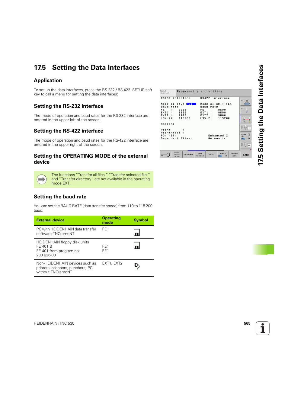 5 setting the data interfaces, Application, Setting the rs-232 interface | Setting the rs-422 interface, Setting the operating mode of the external device, Setting the baud rate | HEIDENHAIN iTNC 530 (606 42x-02) ISO programming User Manual | Page 565 / 648